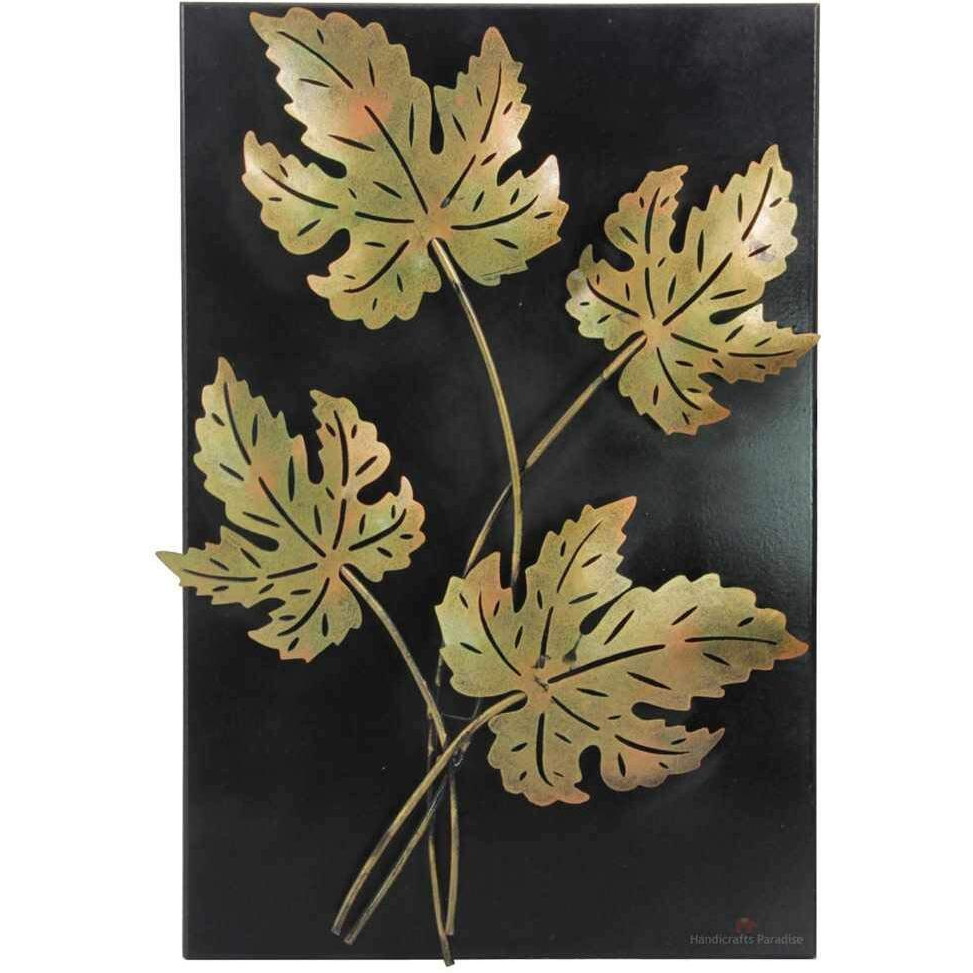 Handicrafts Paradise Wrought Iron And Wooden Base Decorative Wall Art Palm Leaves Showpiece (Multicolour, 14 X 21 Inch)