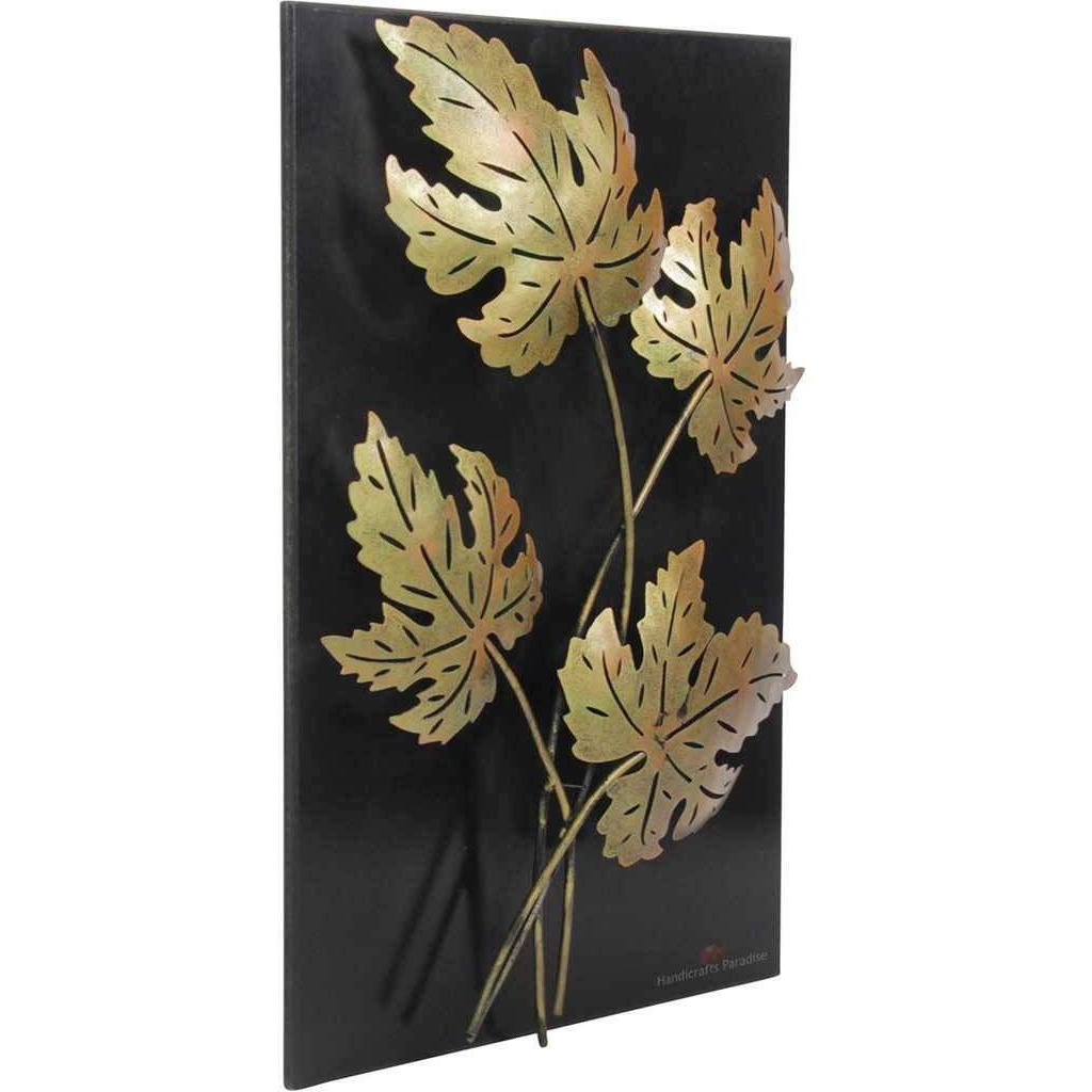 Handicrafts Paradise Wrought Iron And Wooden Base Decorative Wall Art Palm Leaves Showpiece (Multicolour, 14 X 21 Inch)