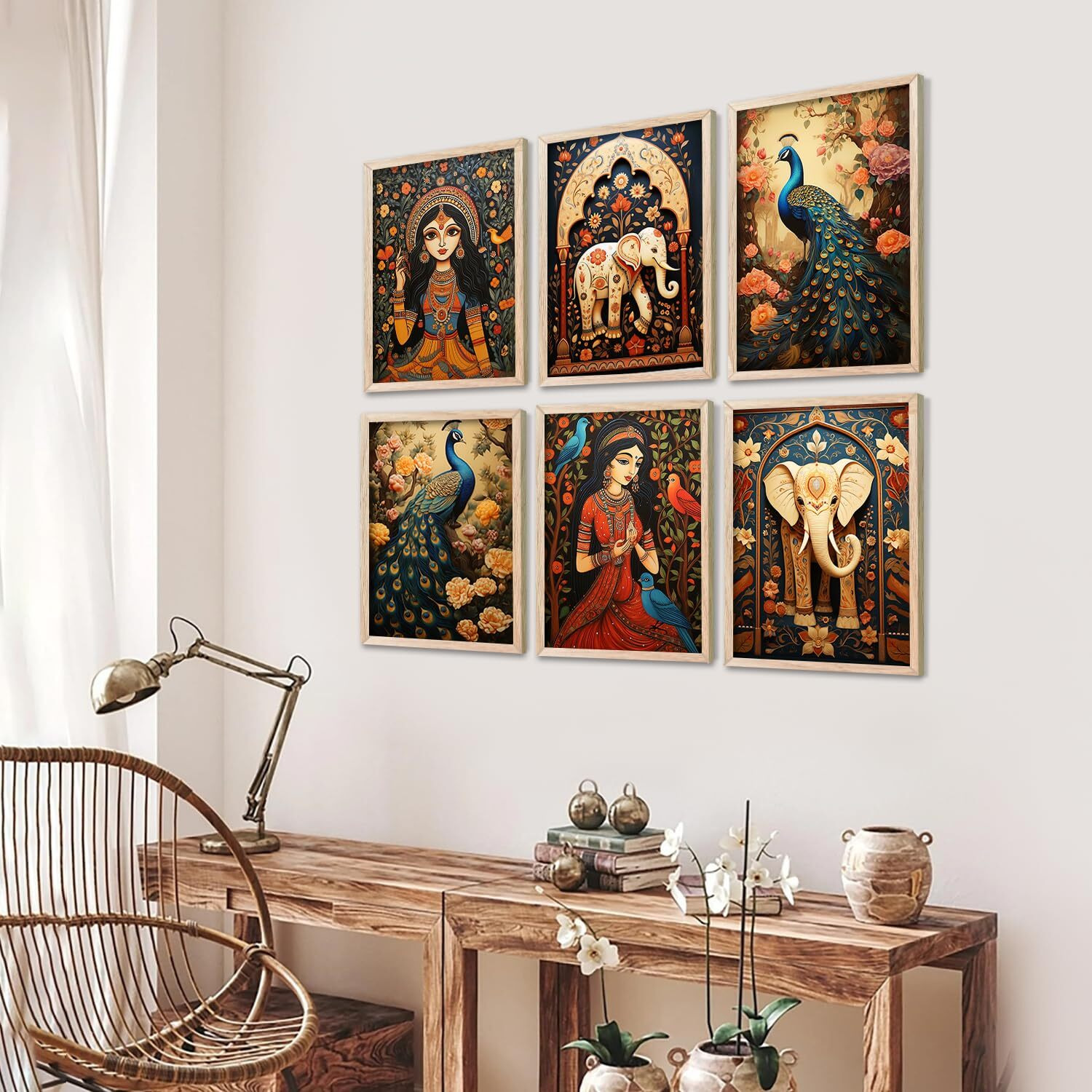 Kalit Kala Decor Paintings For Wall Decoration With Frame | Madhubani Traditional Indian Women Paintings For Living Room, Bedroom | Set Of 6