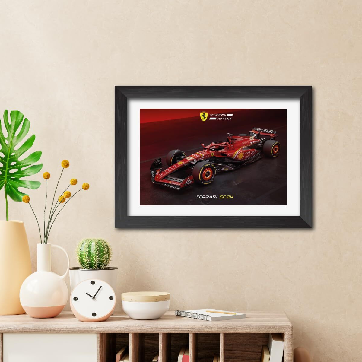 Tenorarts Scuderia Ferrari Sf24 F1 Racing Car 2024 Edition Formula One Poster Framed Painting With Black Wooden Textures Wall Paintings/Hangings (12Inches X 9Inches)