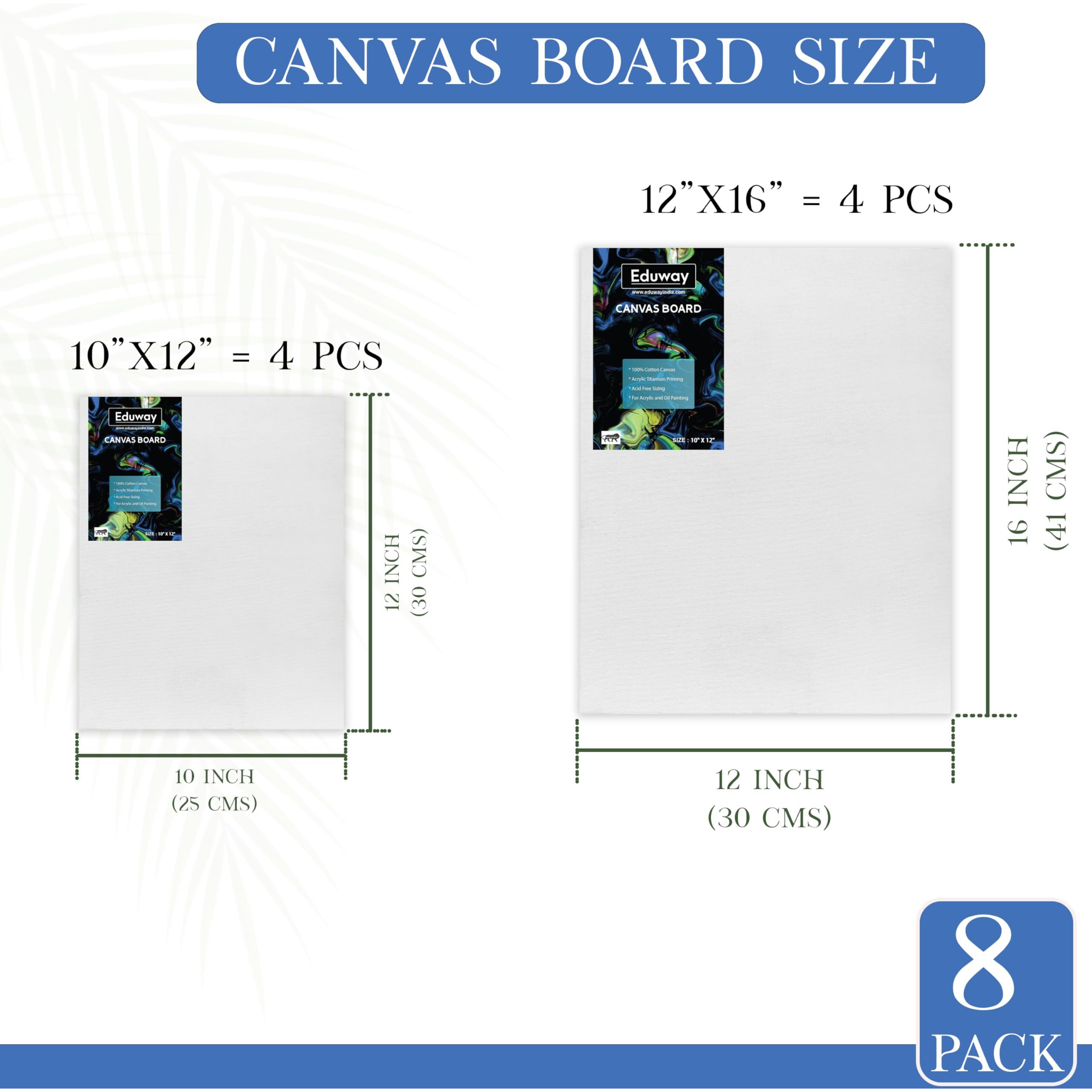 Eduway Cotton Canvas Board Combo- Pack Of 8 (10X12|12X16) With 4Mm Mdf Board Backing, For Painting