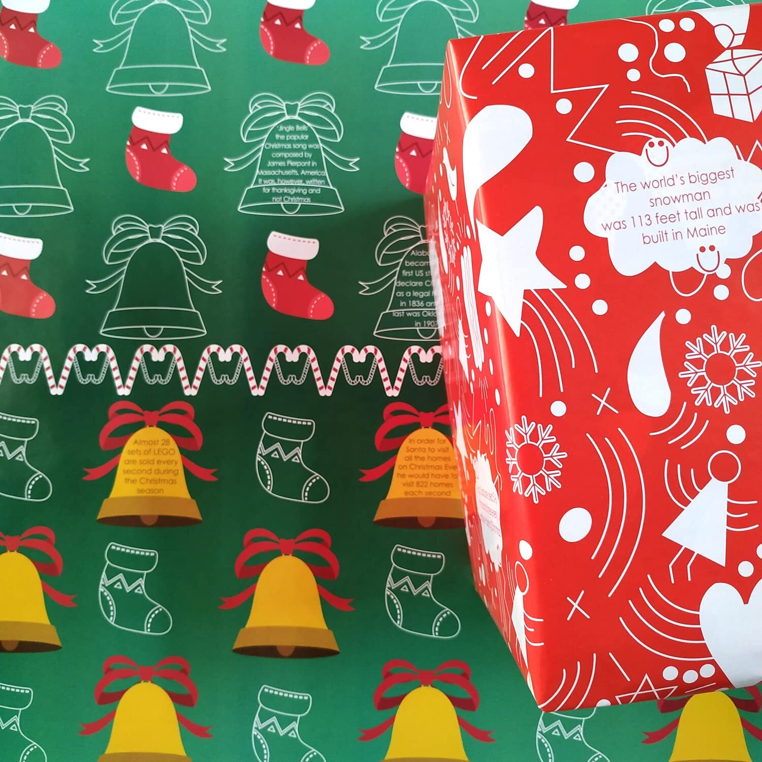 Evince Christmas Gifts Wrapping Paper Roll |Green Bells & Red Doodles Theme Gift Wrap For Kids, Men, Women, Office Use 70X50 Cms - 10 Sheets
