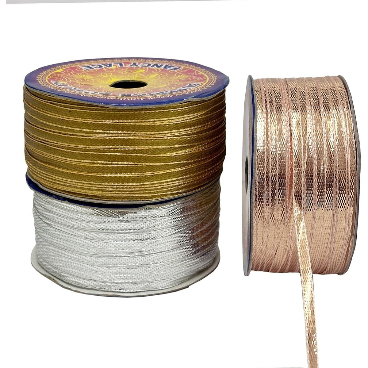 Embroiderymaterial Laces And Borders Material Gota Patti Lace For Saree Border, Dresses, Dupatta, Blouse, Kurta, Embroidery & Sewing (Combo Of Rose Gold, Gold And Silver, 4Mm Thick, 100 Meters)