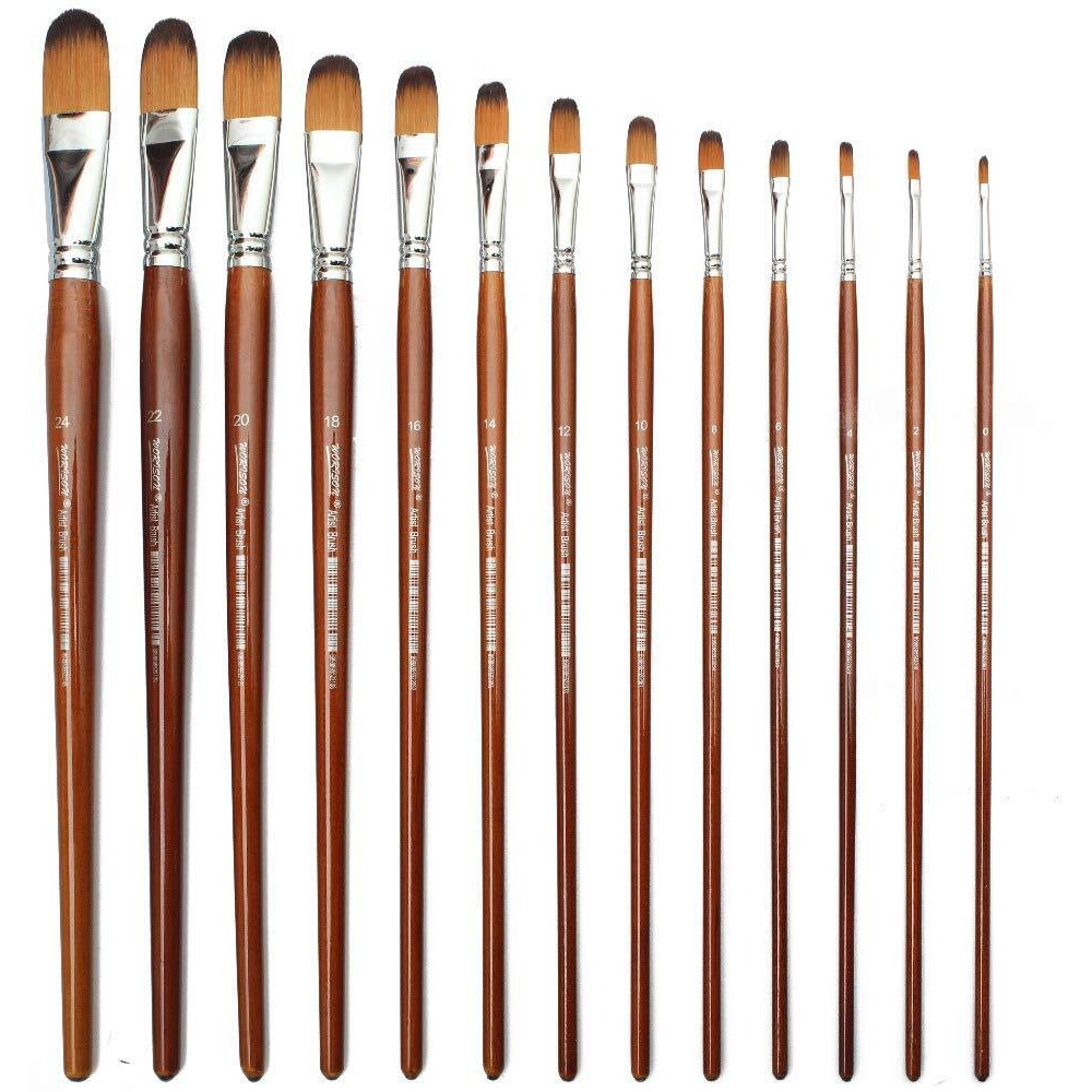 Eskube Wooden Long Handle Taklon Hair Synthetic Filbert Tip Artist Paint Brushes For Acrylic Oil, Water Color Gouache Paint - Sizes 0-24, 13 Piece Set