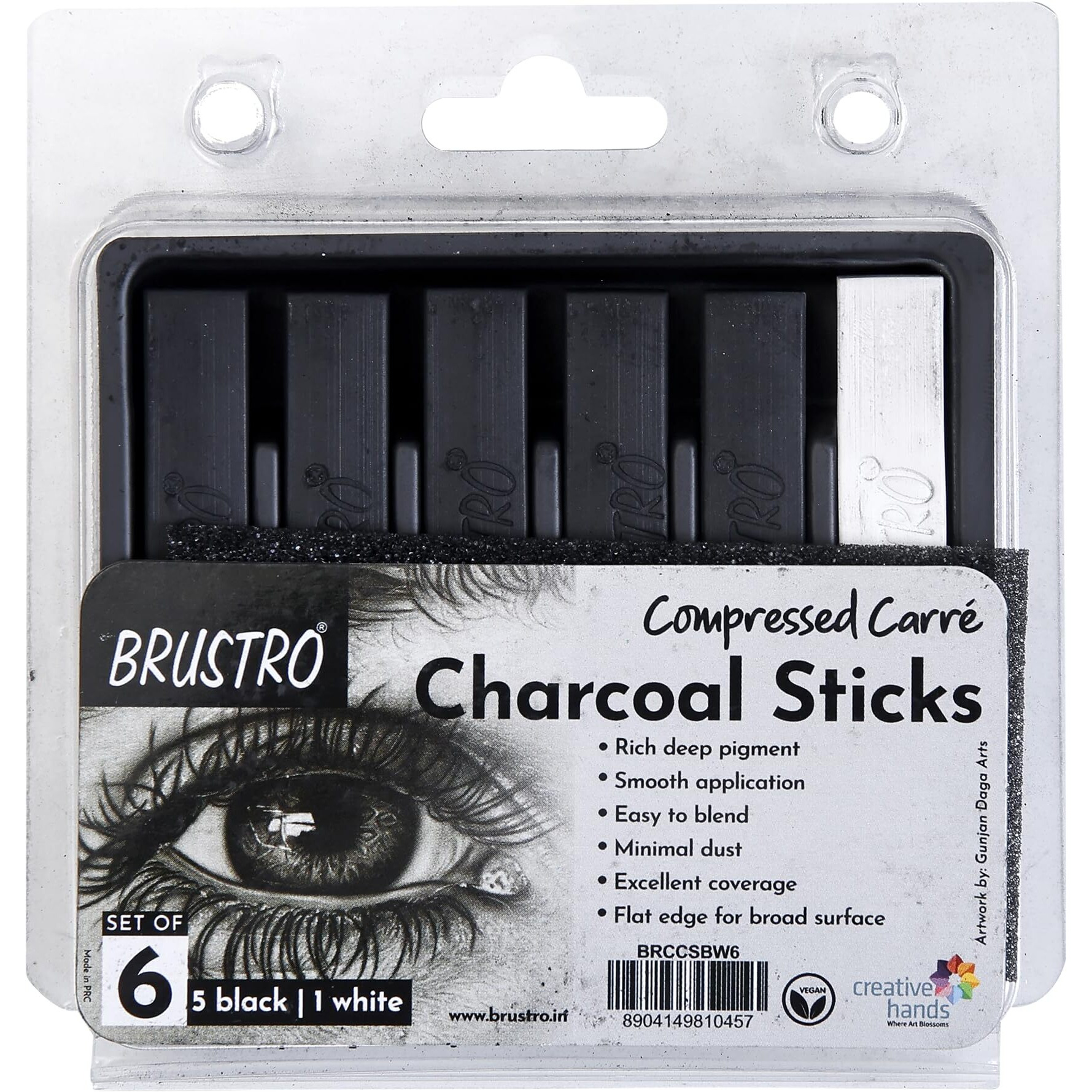 Brustro Artist Compressed Carre Charcoal Sticks - Set Of 6 (5 Black & 1 White Stick) | Ideal For Portrait Charcoal Art, Sketching, Shading, Blending, Drawing, Craft, Professional Use.