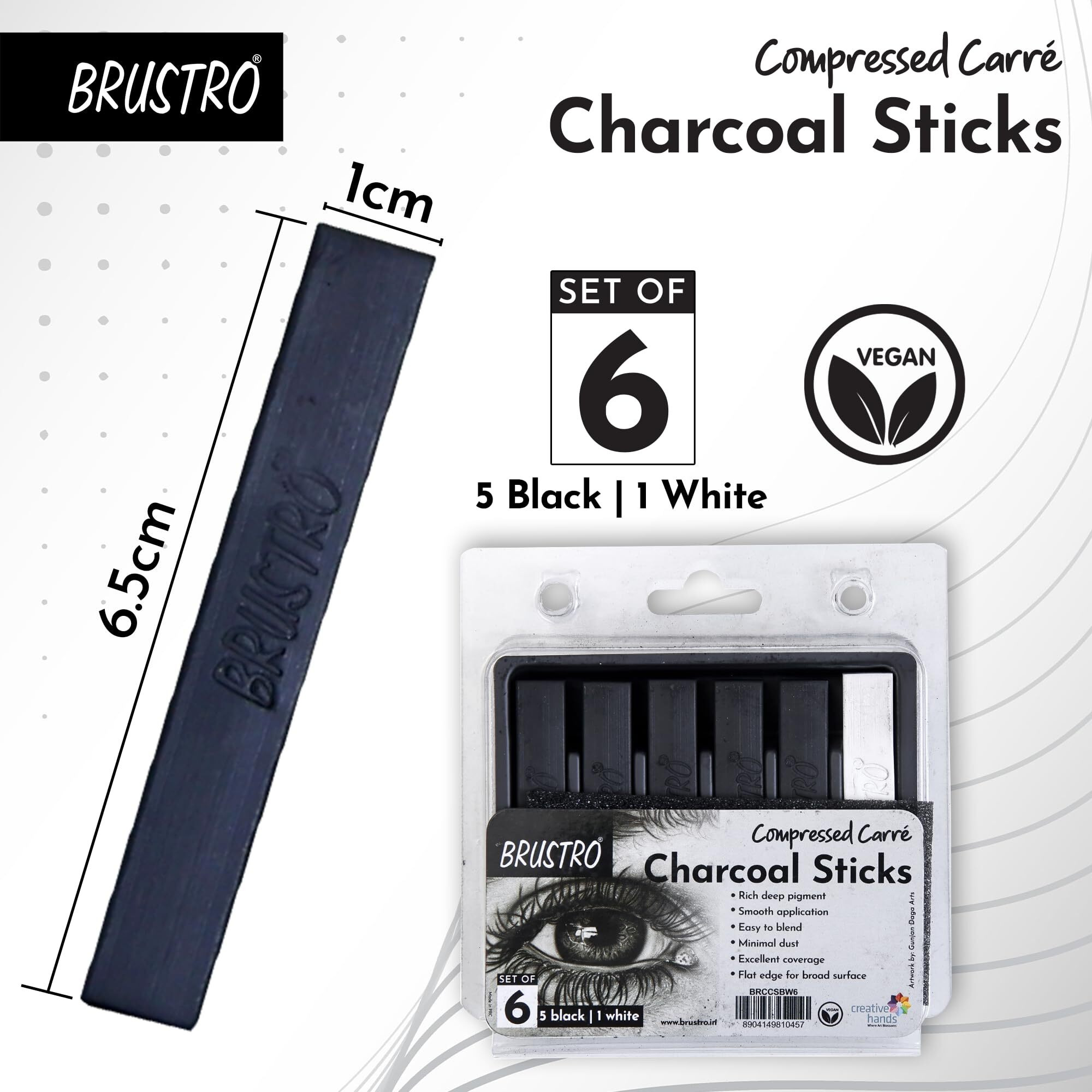 Brustro Artist Compressed Carre Charcoal Sticks - Set Of 6 (5 Black & 1 White Stick) | Ideal For Portrait Charcoal Art, Sketching, Shading, Blending, Drawing, Craft, Professional Use.