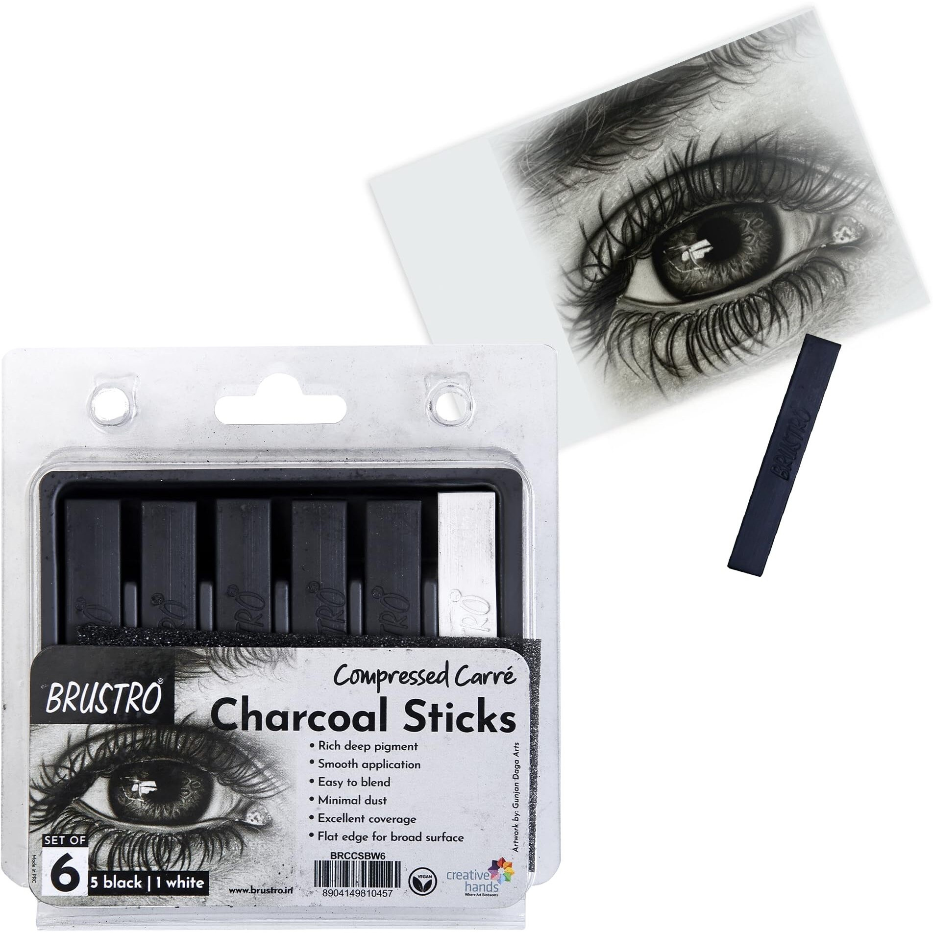 Brustro Artist Compressed Carre Charcoal Sticks - Set Of 6 (5 Black & 1 White Stick) | Ideal For Portrait Charcoal Art, Sketching, Shading, Blending, Drawing, Craft, Professional Use.