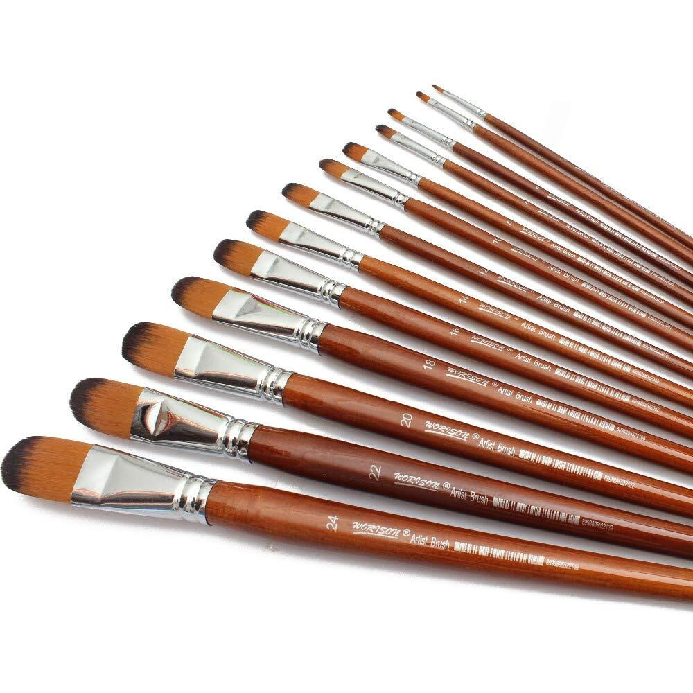 Chrome Long Handle Synthetic Filbert Tip Artist Paint Brushes - 13 Piece Set
