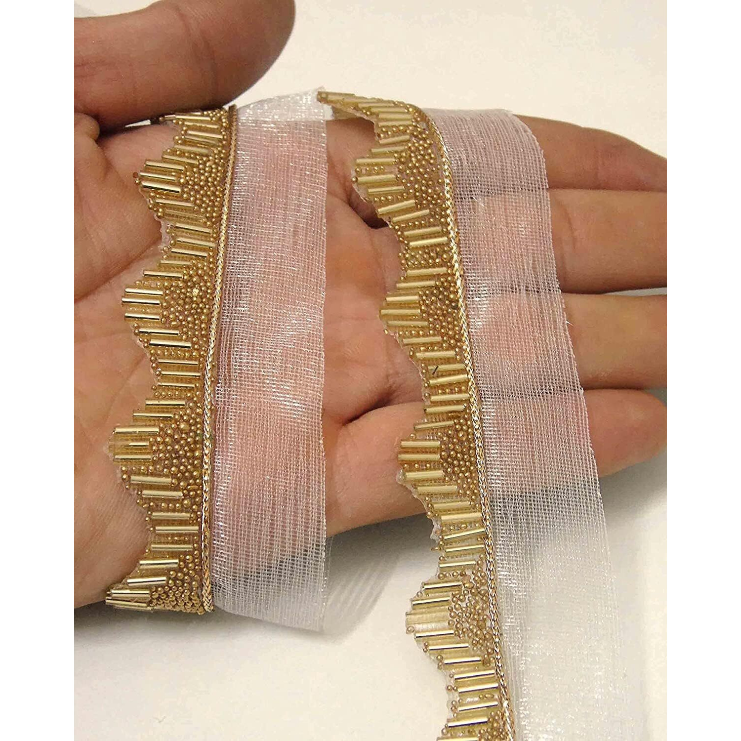 Vinayak Gallery Lace For Saree Border Finetage Pipe In Net Fabric Border Lace For Dresses, Sarees, Lehenga, Suits, Blouses, Dupatta, Chunri And Craft (9 Meters 354 Inch Gold, Small Moti) (Golden)