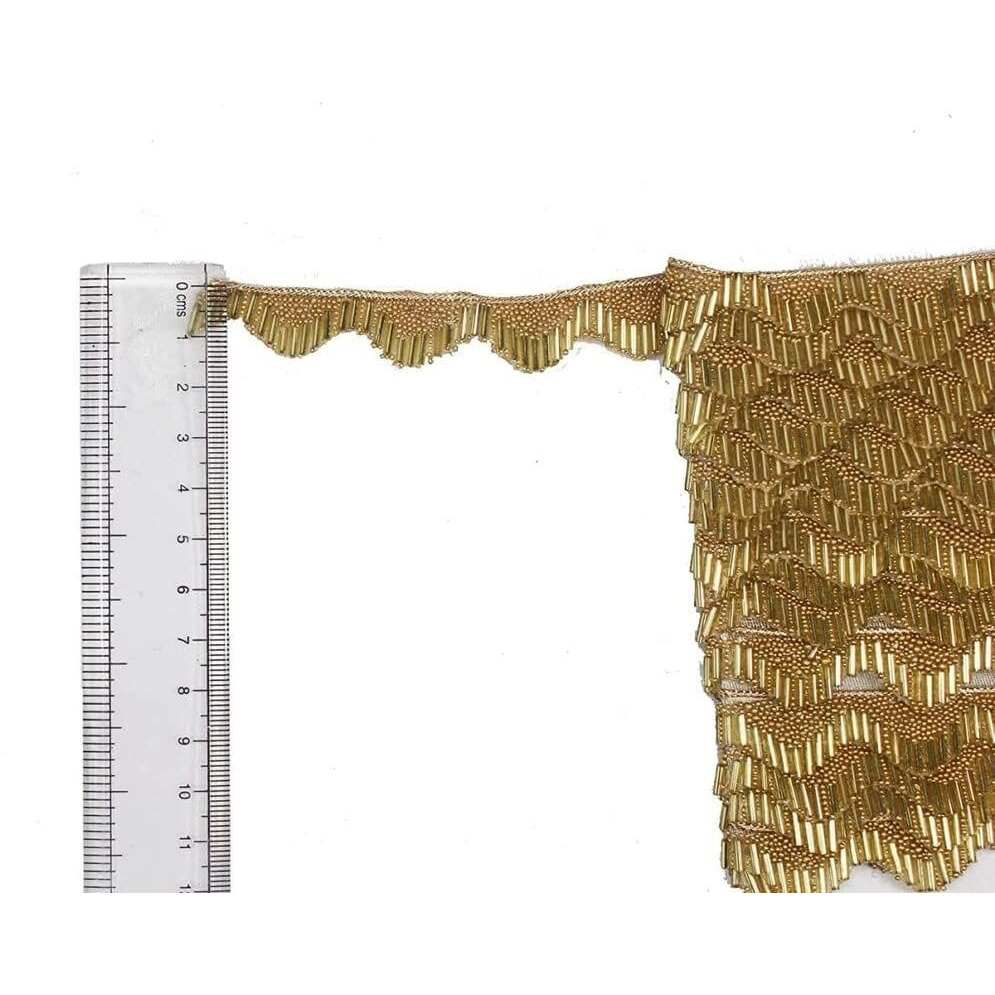 Vinayak Gallery Lace For Saree Border Finetage Pipe In Net Fabric Border Lace For Dresses, Sarees, Lehenga, Suits, Blouses, Dupatta, Chunri And Craft (9 Meters 354 Inch Gold, Small Moti) (Golden)