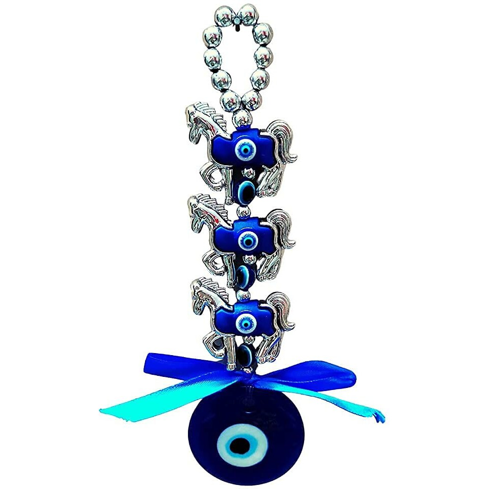 Ripe India Glass Feng Shui 3 Horse Evil Eye Wall And Car Hanging (Blue 5 Cm X 5 Cm X 18 Cm