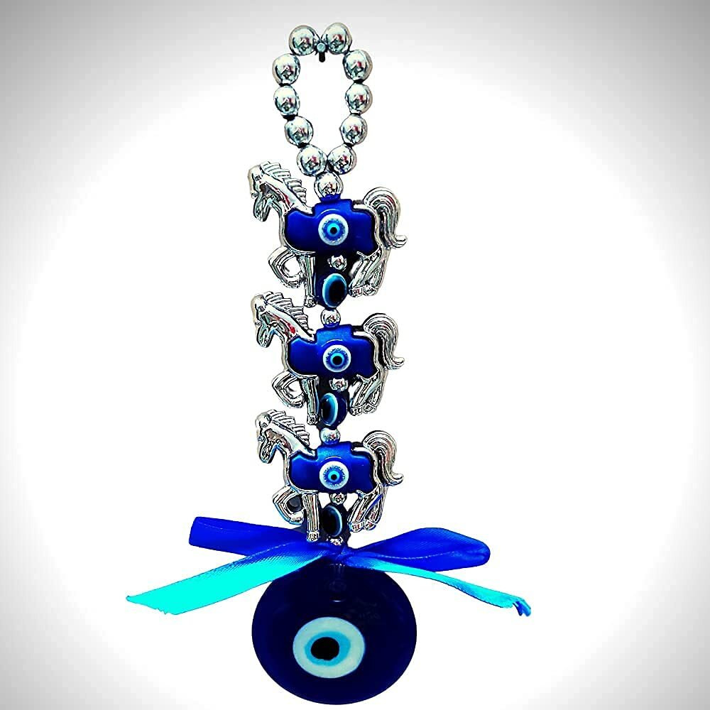 Ripe India Glass Feng Shui 3 Horse Evil Eye Wall And Car Hanging (Blue 5 Cm X 5 Cm X 18 Cm