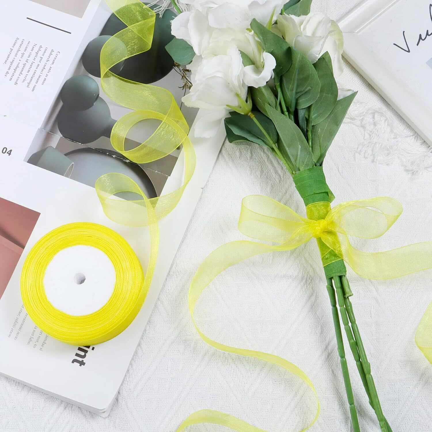 Imprint 1 Inch Yellow Sheer Organza Ribbon, 35 Metres, For Gift Wrapping, Decorations
