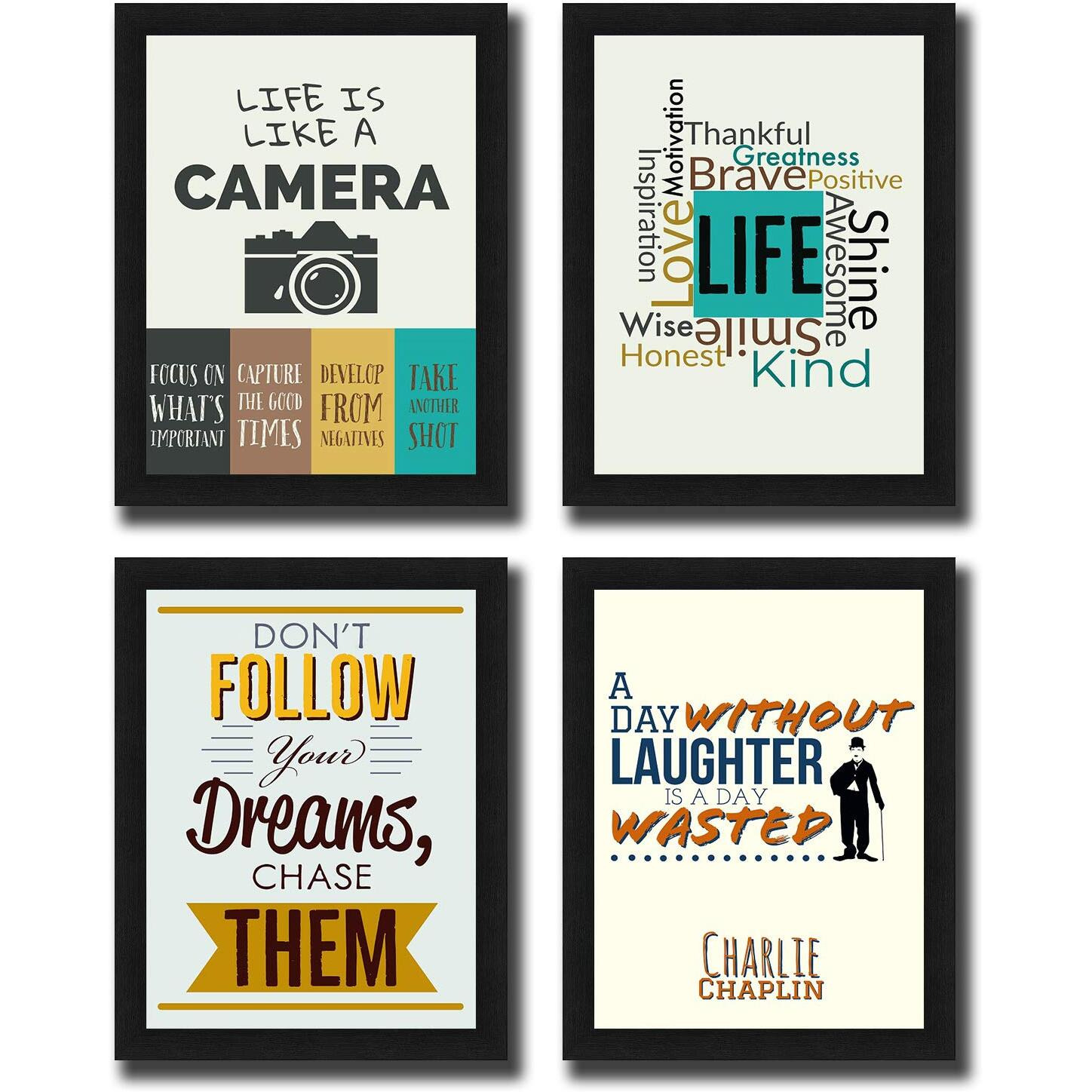 Interio Crafts Motivational Poster Wall Art Frame - Inspirational Quote Print - 13X10 Inches (Black, Medium) - Pack Of 4