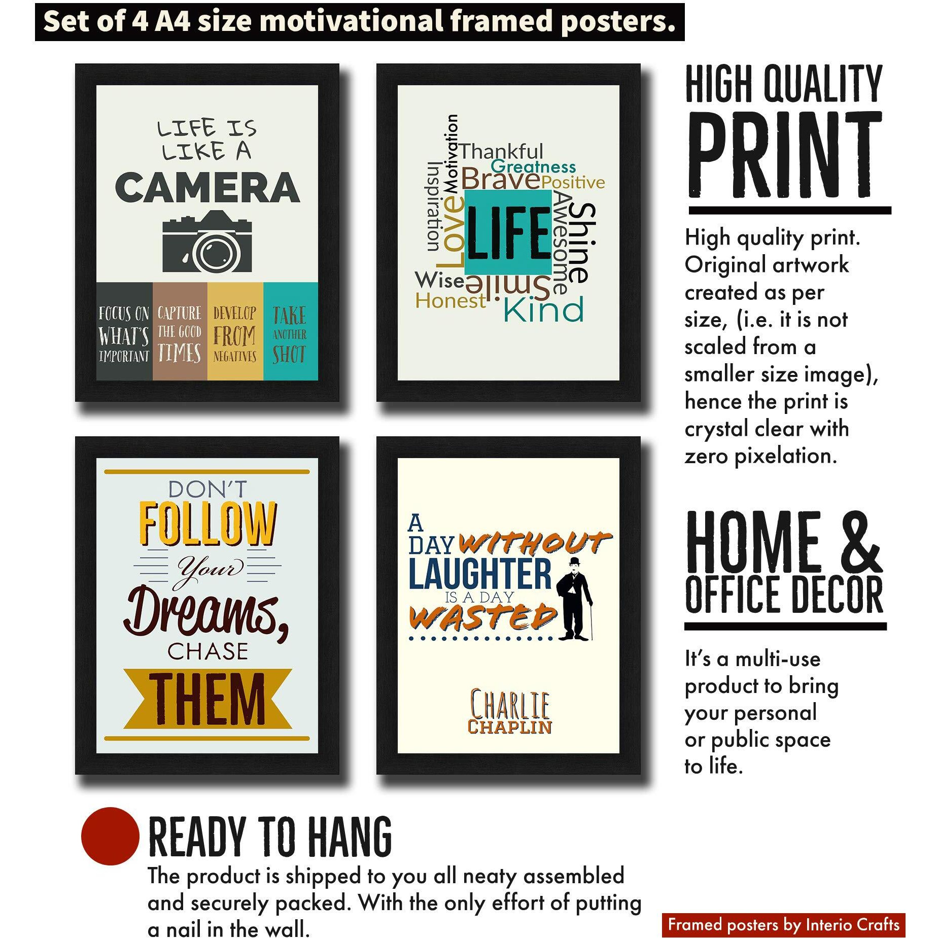 Interio Crafts Motivational Poster Wall Art Frame - Inspirational Quote Print - 13X10 Inches (Black, Medium) - Pack Of 4