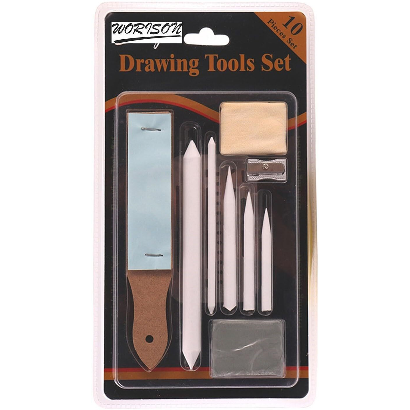 Worison 10 Piece Charcoal Accessories Set - Stumps, Tortillons, Kneaded Eraser, Sandpaper Pointer, Chamois, Erasing Shield And Sharpener