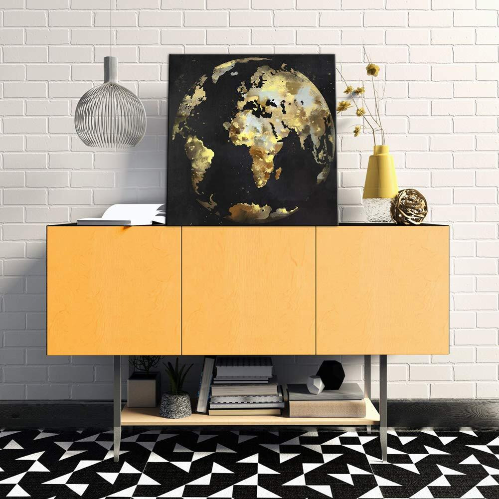 Sechars Modern Black And Gold Wall Art Abstract World Globe Painting Prints On Canvas Modern Office Home Living Room Wall Decor Framed Artwork Ready To Hang