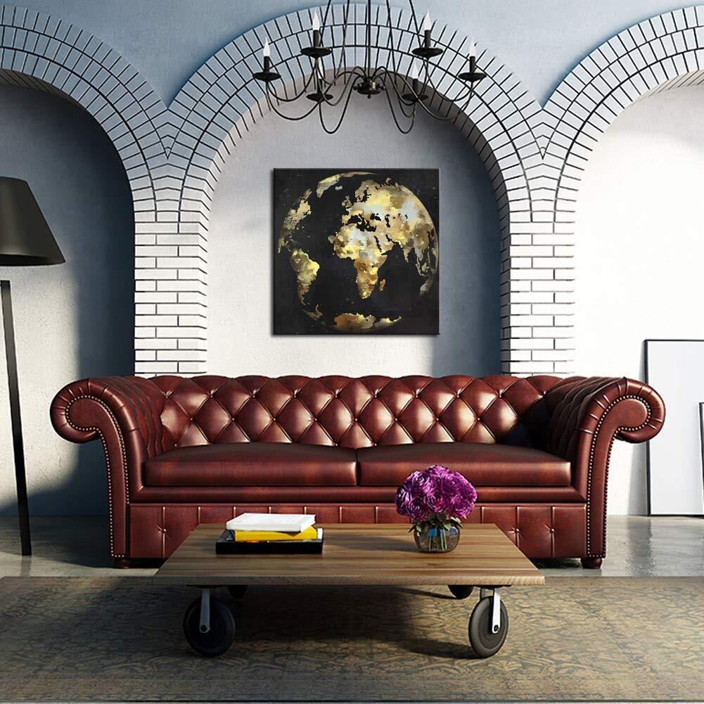 Sechars Modern Black And Gold Wall Art Abstract World Globe Painting Prints On Canvas Modern Office Home Living Room Wall Decor Framed Artwork Ready To Hang