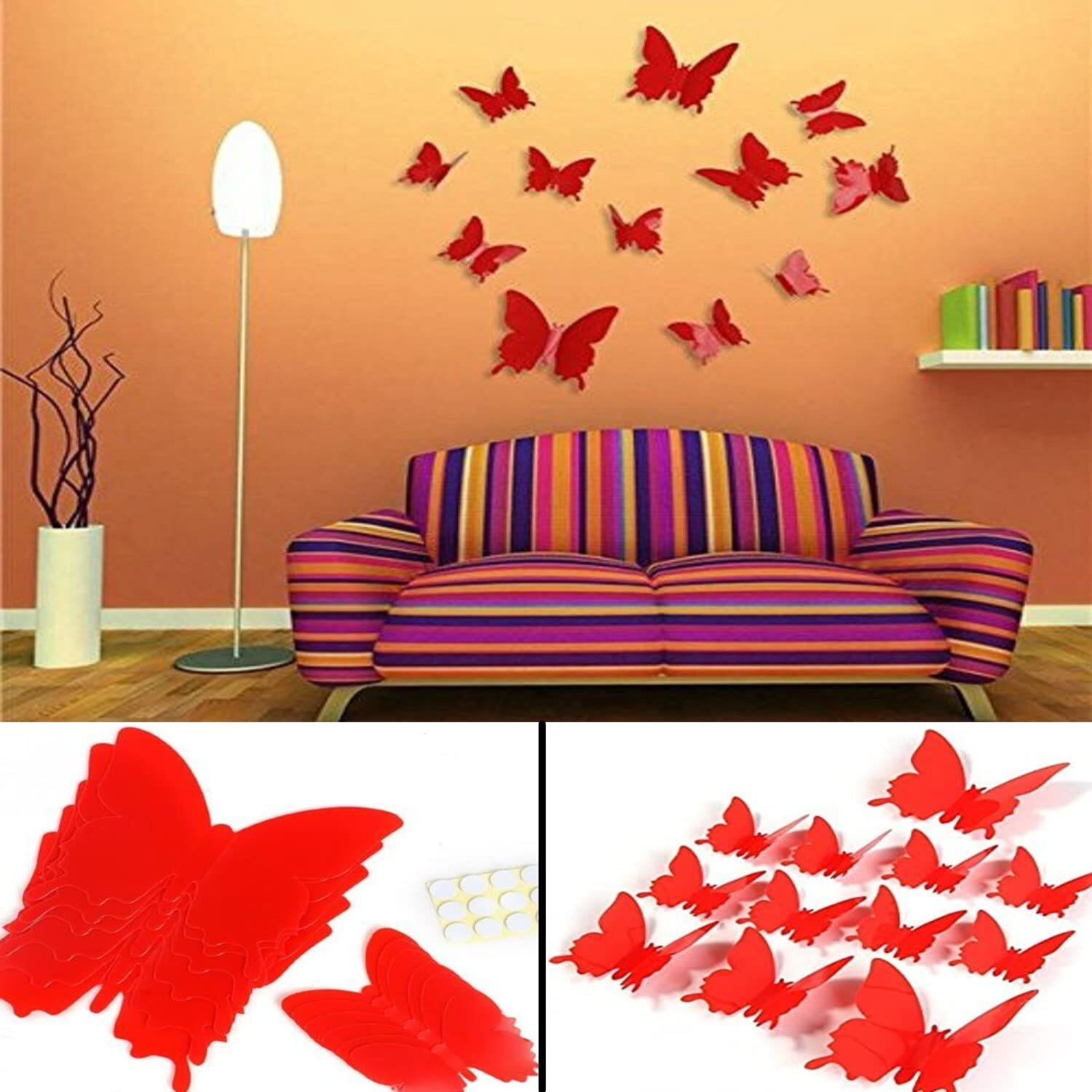 Jaamso Royals Red 3D Butterflies' Wall Sticker 1 Combo Pack Of 12 Cm Piece (Hd-011)