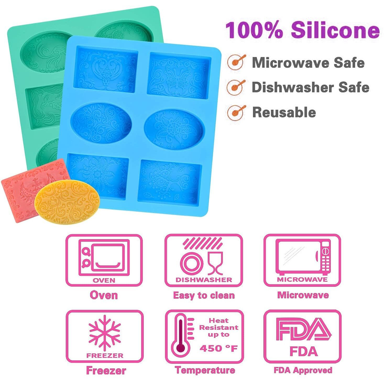 Ality Silicone Soap Molds, 6 Cavities Rectangle & Square Silicone Soap Molds, Great For Homemade Craft Soap Mold, Chocolate Mold, Cake Mold  Ice Cube Tray (Red)