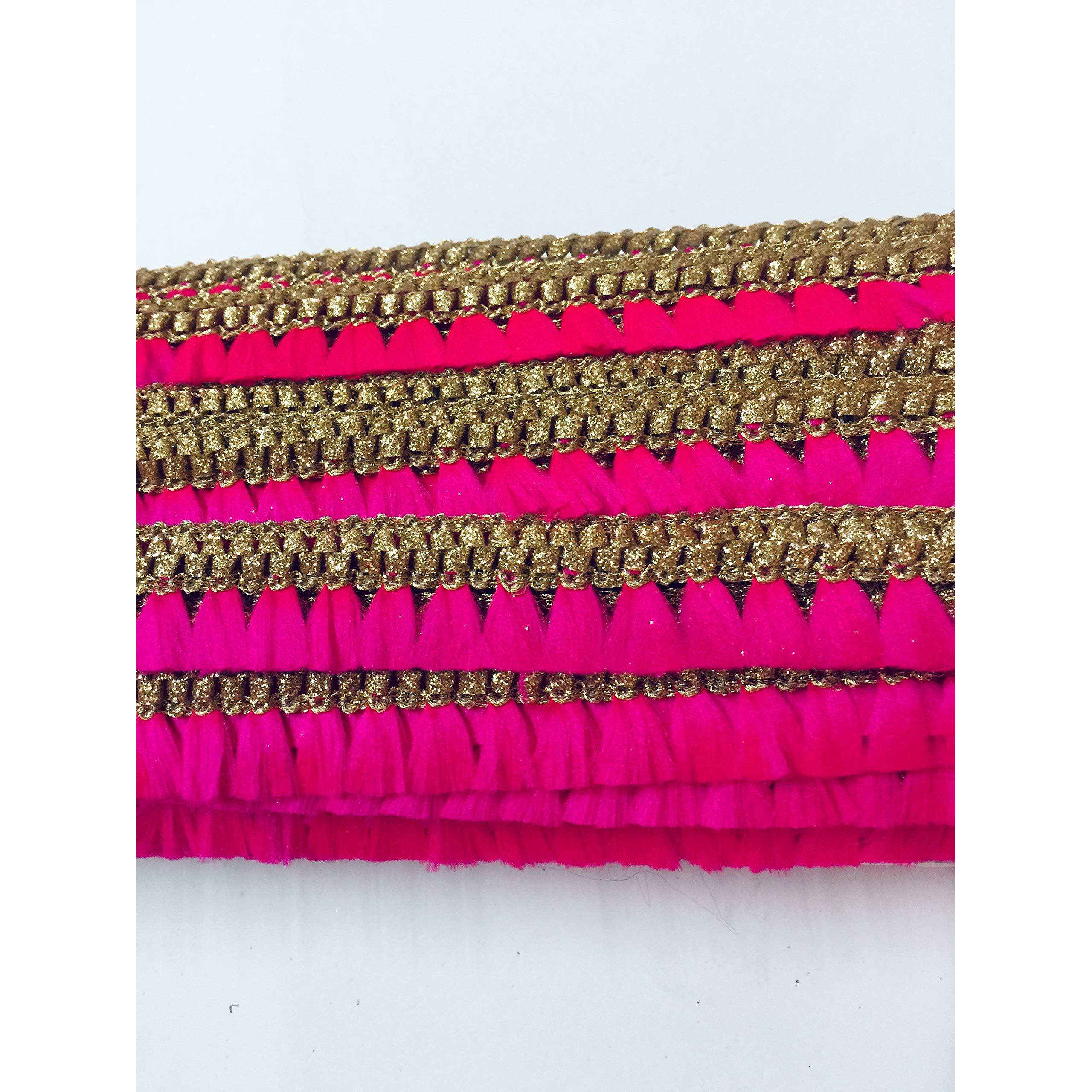 Eerafashionicing Machine Made Embroidery Border Zari & Resham Thread Laces Gota Border Gota Patti Tassel Lace For Dresses, Crafts, Home Decor ( Hot Pink And Golden , 9 Mtr)