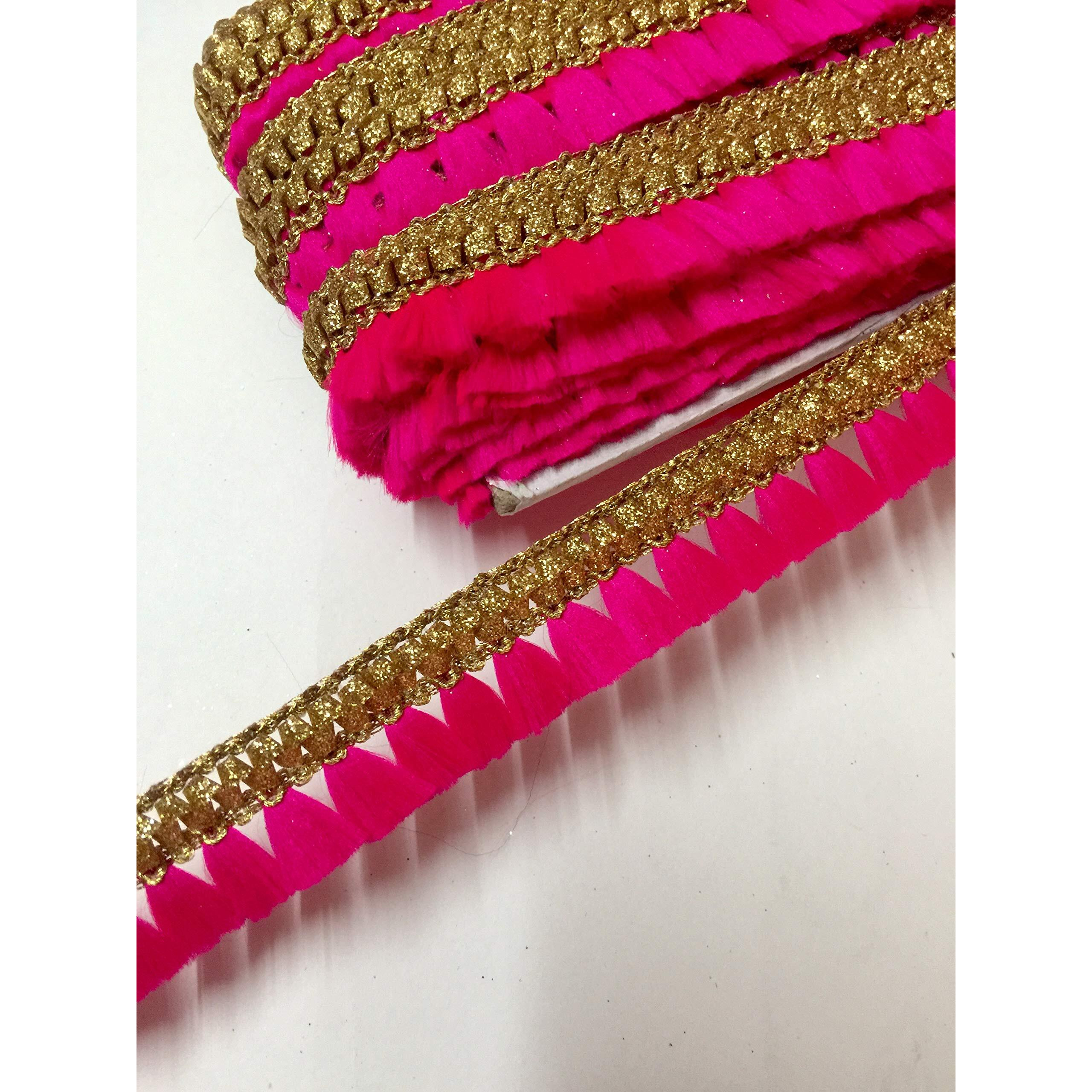 Eerafashionicing Machine Made Embroidery Border Zari & Resham Thread Laces Gota Border Gota Patti Tassel Lace For Dresses, Crafts, Home Decor ( Hot Pink And Golden , 9 Mtr)