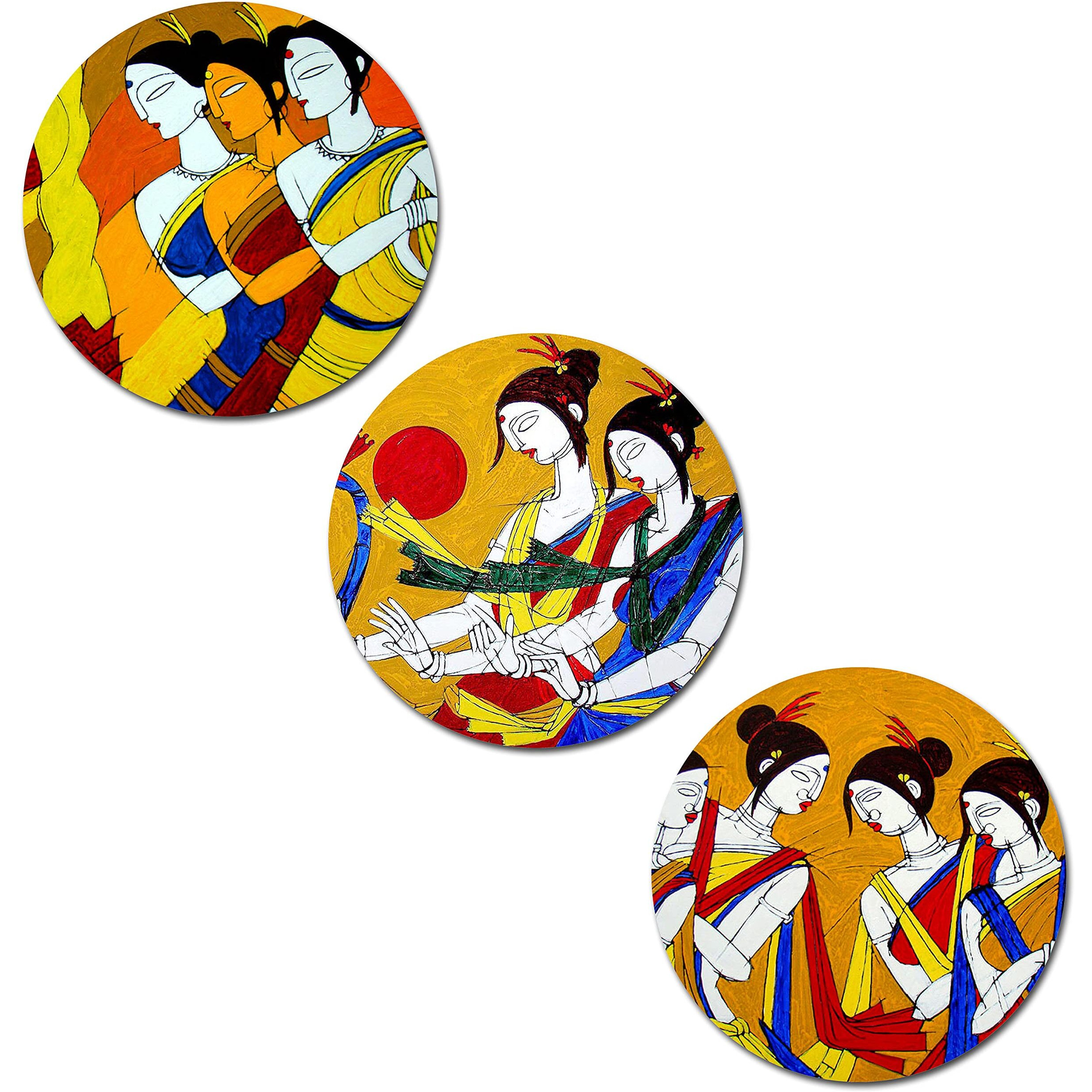 Kartik Round Wall Ladies Modern Art Painting For Living Room With Wooden Frame And Without Glass - Set Of 3