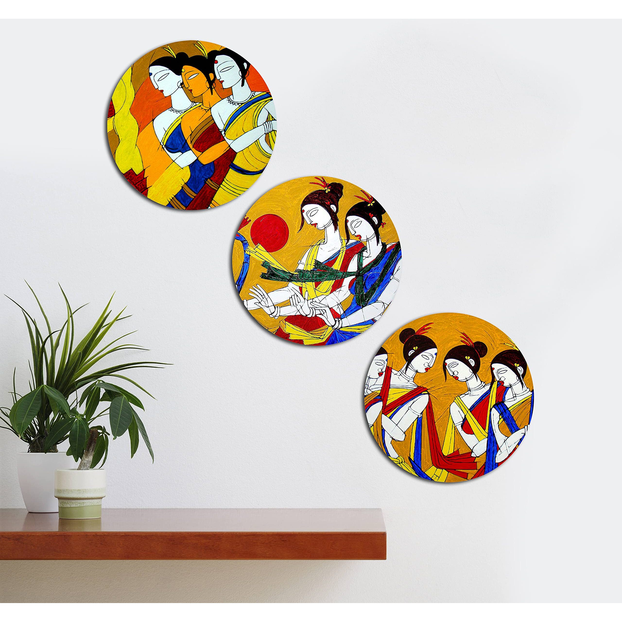 Kartik Round Wall Ladies Modern Art Painting For Living Room With Wooden Frame And Without Glass - Set Of 3