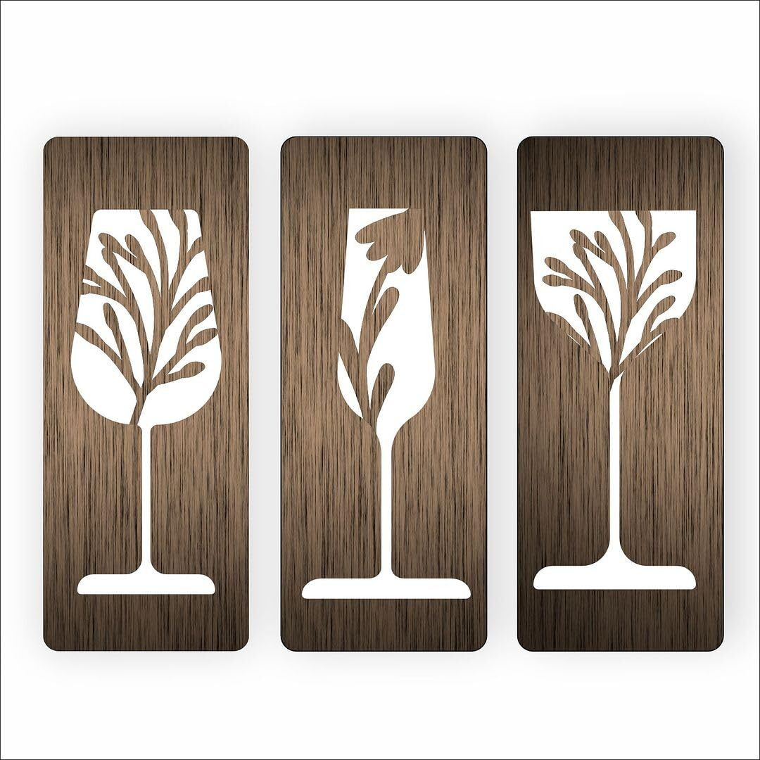 Cvanu Set Of 3 Leaf & Glass Shape Cutting Mdf Self-Adhesive Wall Hanging Cutout For Wall Decoration (10Inchx4Inch)_W273