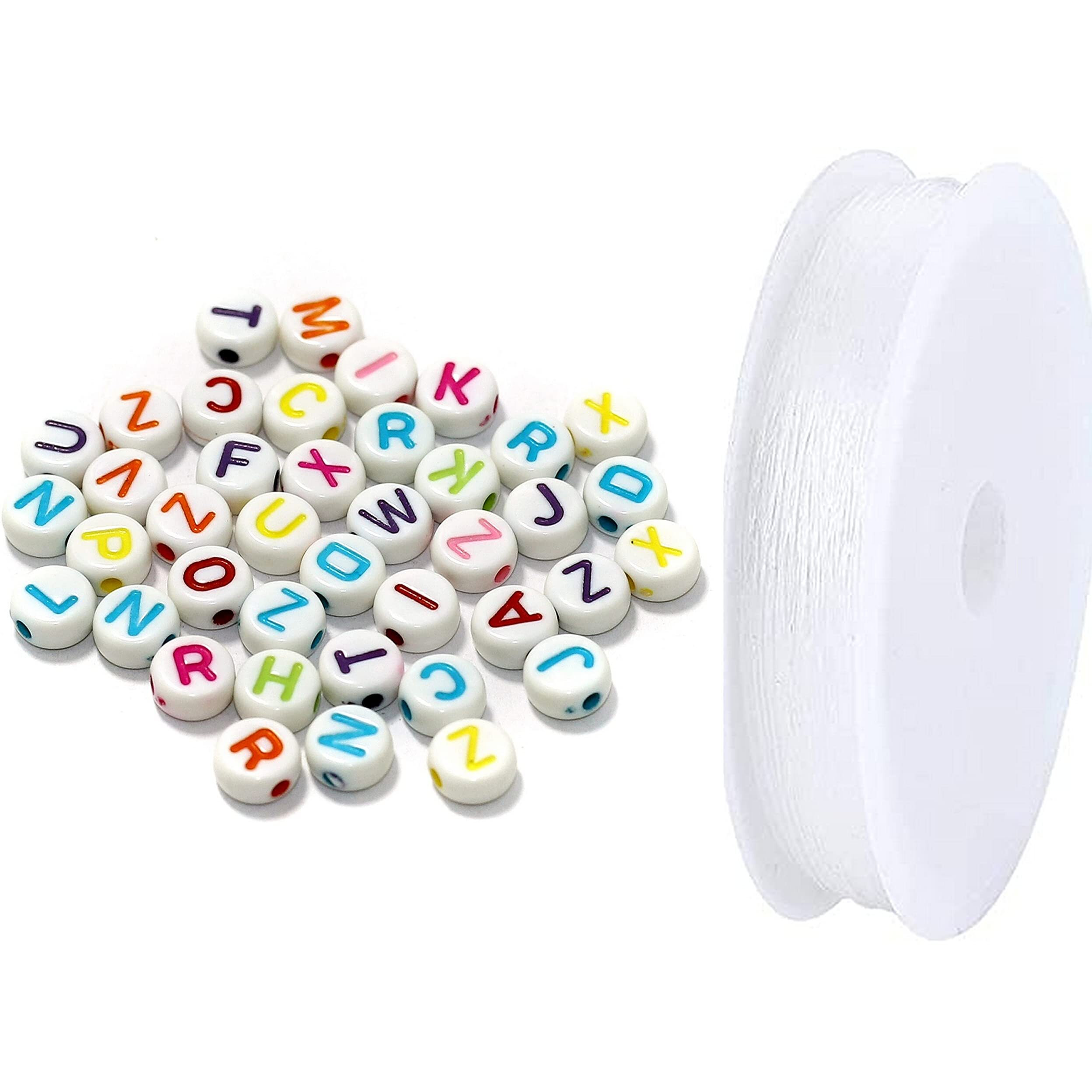 Beadsnfashion 500 Pcs Acrylic Round A To Z Alphabet Letter Beads Multicolor 6Mm 10 Mtrs Crystal String Elastic Cord For Jewellery Making, Diy Bracelets, Necklace, Key Chains And Kids Jewellery