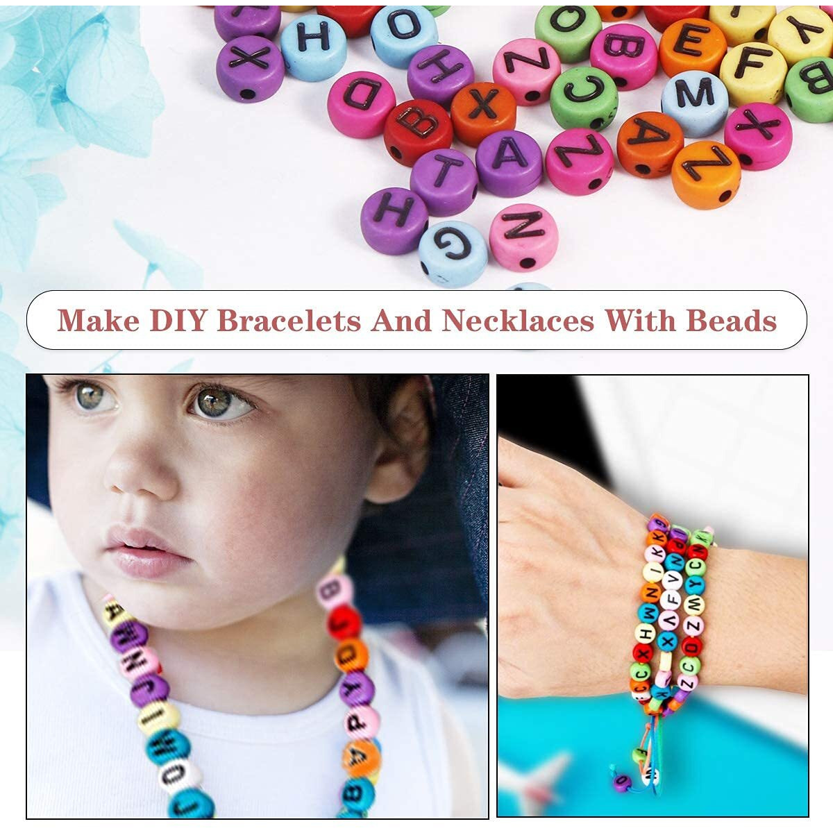 Beadsnfashion 500 Pcs Acrylic Round A To Z Alphabet Letter Beads Multicolor 6Mm 10 Mtrs Crystal String Elastic Cord For Jewellery Making, Diy Bracelets, Necklace, Key Chains And Kids Jewellery