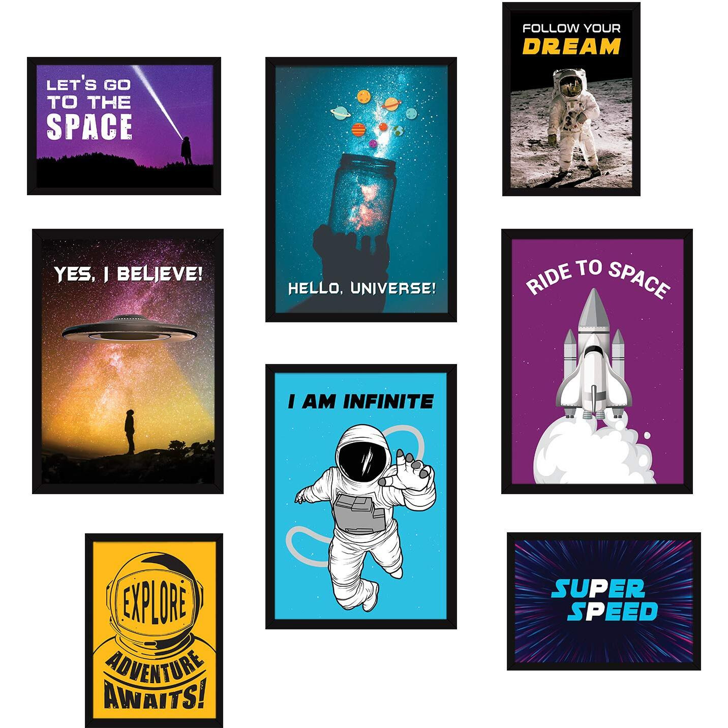 Chaka Chaundh Astronaut Space Quote Poster With Engineered Wood Frame (Multicolour, 43 X 30 X 4 Cms) - Set Of 8