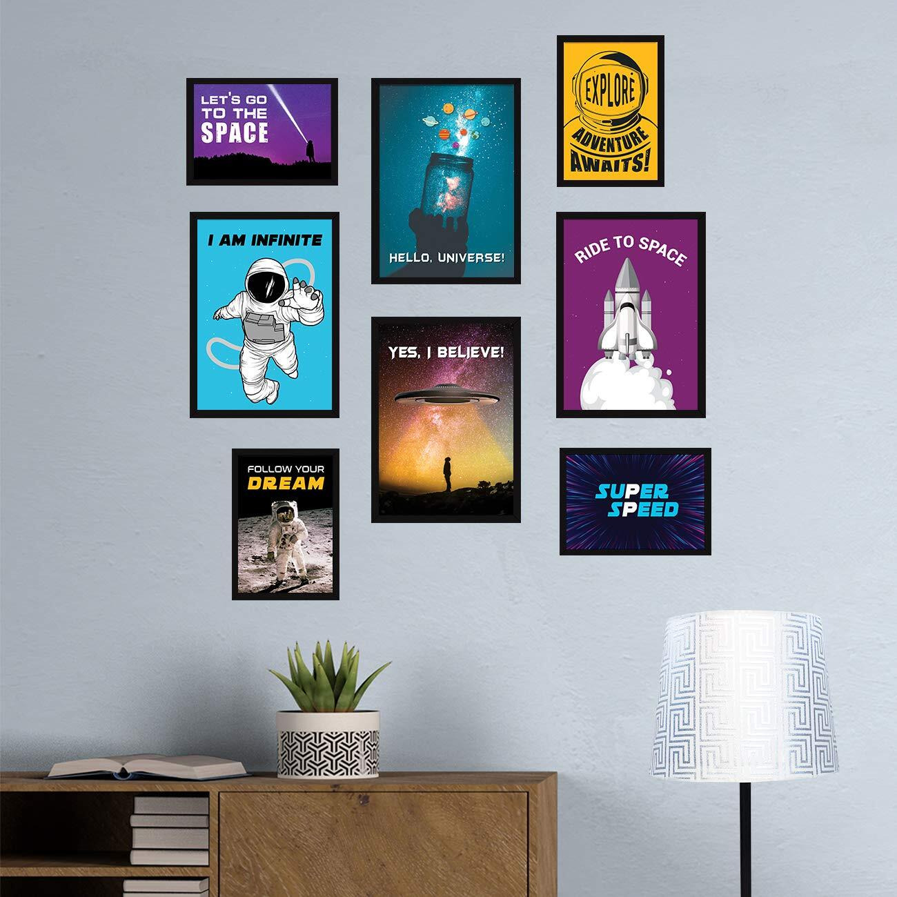 Chaka Chaundh Astronaut Space Quote Poster With Engineered Wood Frame (Multicolour, 43 X 30 X 4 Cms) - Set Of 8