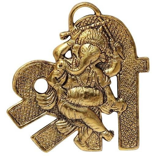 Handicrafts Paradise Ganesha Playing Dholak Placed On Shree Shaped Base Aluminium Metal Door Hanging (9.5 Cm X 0.25 Cm X 10.8 Cm)