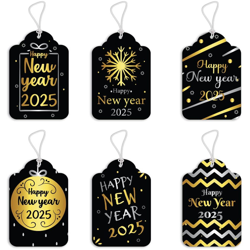 Festiko 24 Pcs Happy New Year Gift Tags With String (Gold & Black), New Year Gift Wrapping Tags, New Year Labels With String