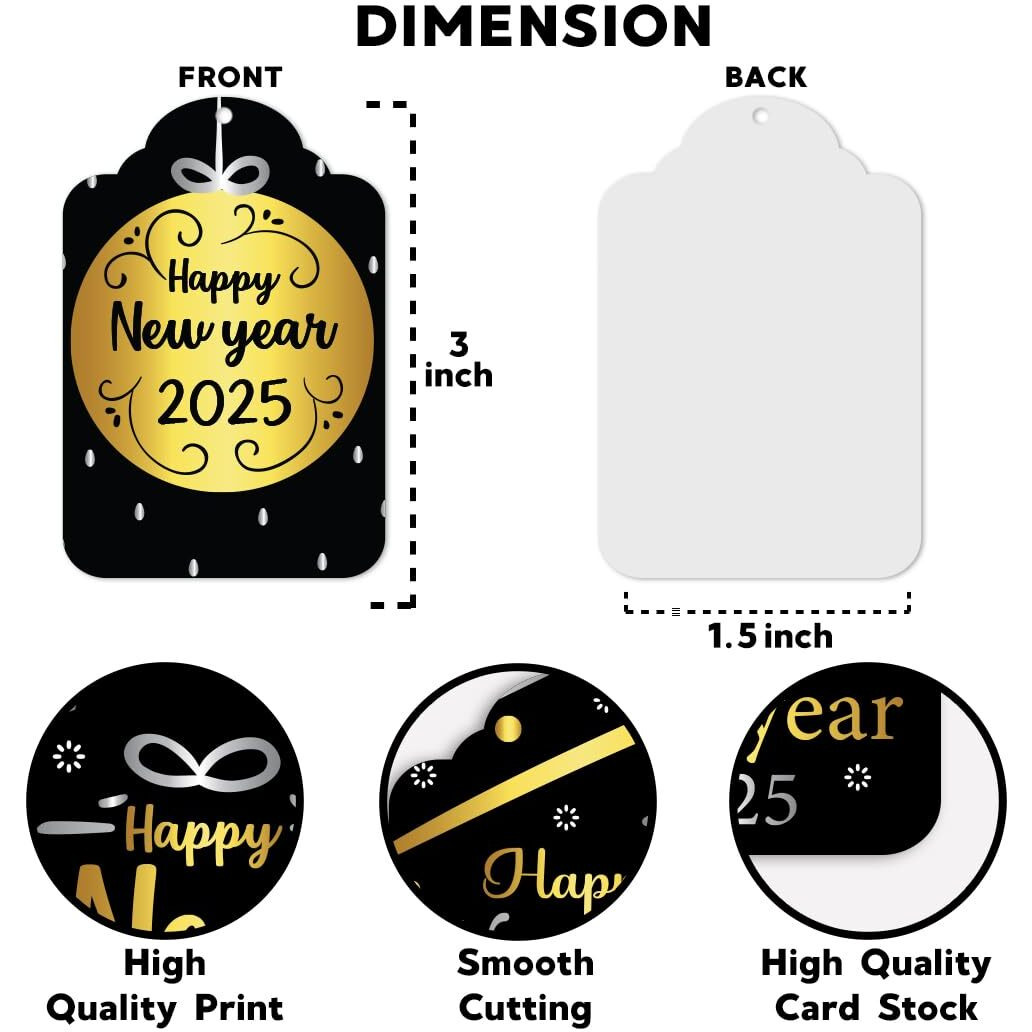 Festiko 24 Pcs Happy New Year Gift Tags With String (Gold & Black), New Year Gift Wrapping Tags, New Year Labels With String