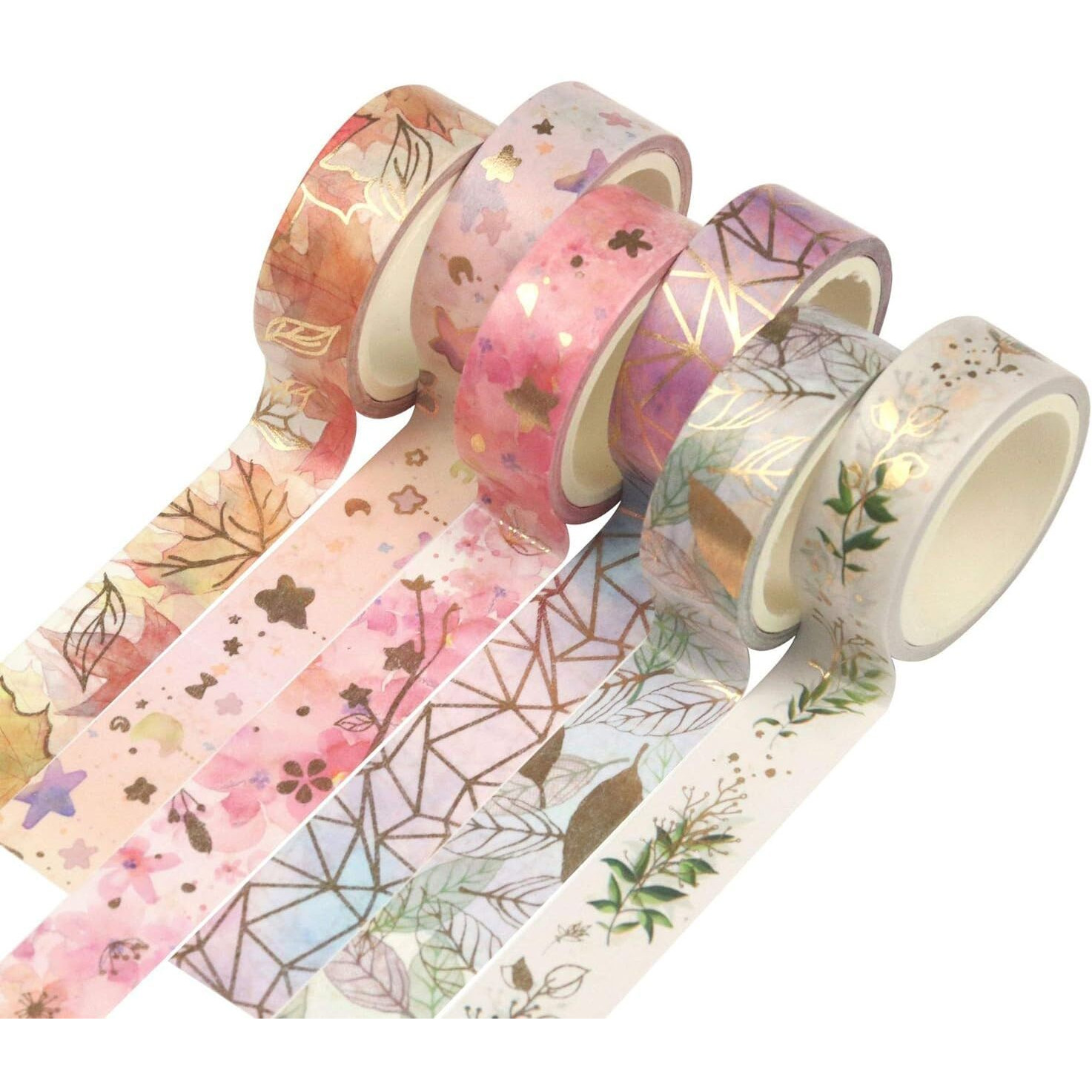 Matson Floral Gold Washi Tape Set 6 Rolls Vsco Foil Masking Tape Decorative For Arts, Diy Crafts, Journal Supplies, Planners, Scrapbook, Card/Gift Wrapping -15Mm- (Romantic Flowers)