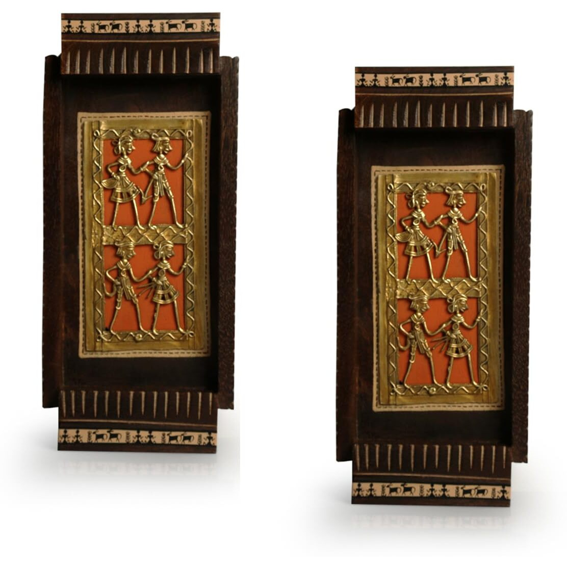 Exclusivelane 'Tribal Dhokra Art' Wooden Wall Decor For Living Room |Handpainted Wall Decoration Items For Living Room Wall Hangings For Home Decoration For Bedroom (Mango Wood, Set Of 2, 10.9 Inch)
