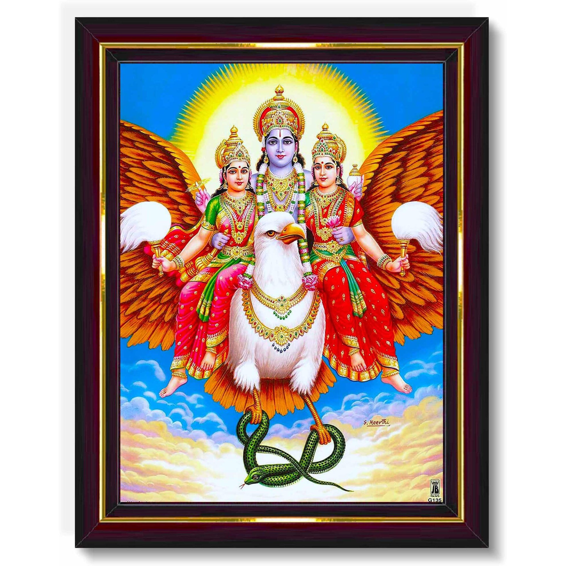 Pavan Photo Laminations Vishnu Laxmi Lakshmi Narayan Garud Puran Wall Painting Framed Home Decor (Wood,Matte,Brown,Small Size,6 X 8 Inch) B646S