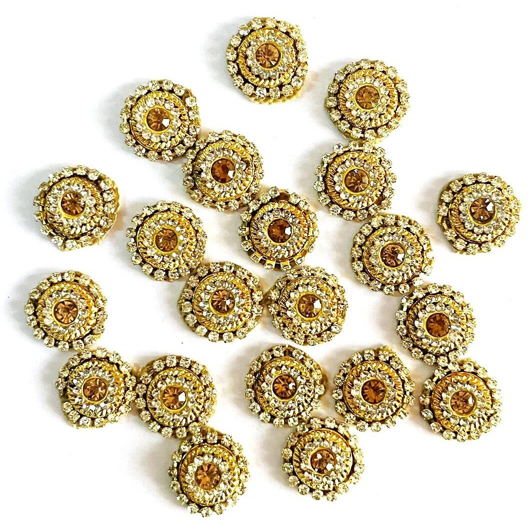 Adikala 2Cm Round Rhinestone Applique Work Flower Patch For Laddu Gopal Dress Making, Saree, Lehenga, Clothes, Blouse, Dress, Jackets, Diy Art Craft Work Pack Of 25 (Golden)