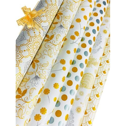 Ofixo (Md-105) Gift Wrapping Paper, Gift Paper, Roll, Gift Papers Sheets, Gift Cover Rapping Paper, Gift Packing Paper Sheet For Gift Packing (Mix Design - Pack Of 6 With 6 Ribbon & 6 Sticker)