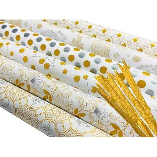 Ofixo (Md-108) Gift Wrapping Paper, Gift Paper, Roll, Gift Papers Sheets, Gift Cover Rapping Paper, Gift Packing Paper Sheet For Gift Packing (Mix Design - Pack Of 6 With 6 Ribbon & 6 Sticker)