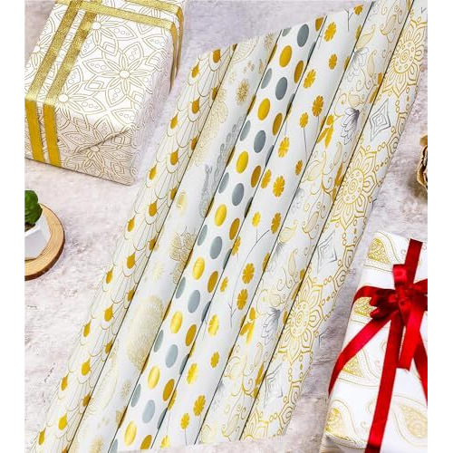 Ofixo (Md-108) Gift Wrapping Paper, Gift Paper, Roll, Gift Papers Sheets, Gift Cover Rapping Paper, Gift Packing Paper Sheet For Gift Packing (Mix Design - Pack Of 6 With 6 Ribbon & 6 Sticker)