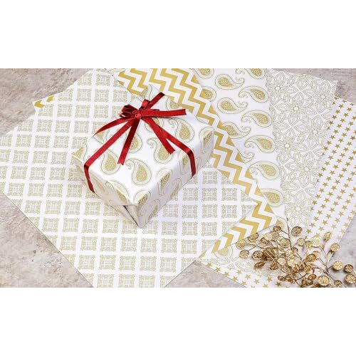 Ofixo (Md-108) Gift Wrapping Paper, Gift Paper, Roll, Gift Papers Sheets, Gift Cover Rapping Paper, Gift Packing Paper Sheet For Gift Packing (Mix Design - Pack Of 6 With 6 Ribbon & 6 Sticker)