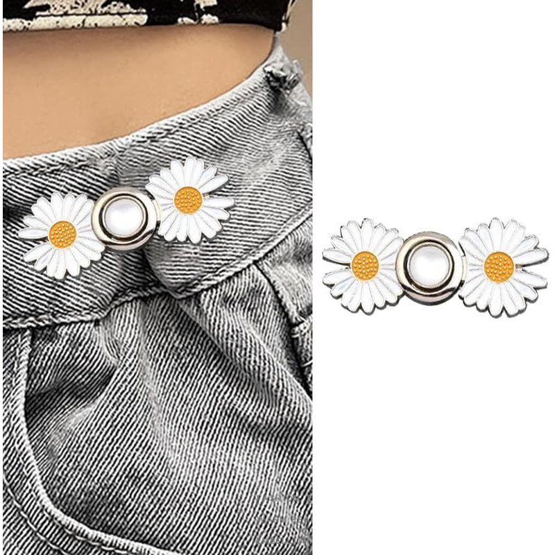 Xvia Reusable Metal Buttons Pearl Snap Fastener Pants Pin Retractable Button Sewing-On Buckles For Jeans Perfect Fit Reduce Waist-White Daisy Button-(2-Pair)(White)