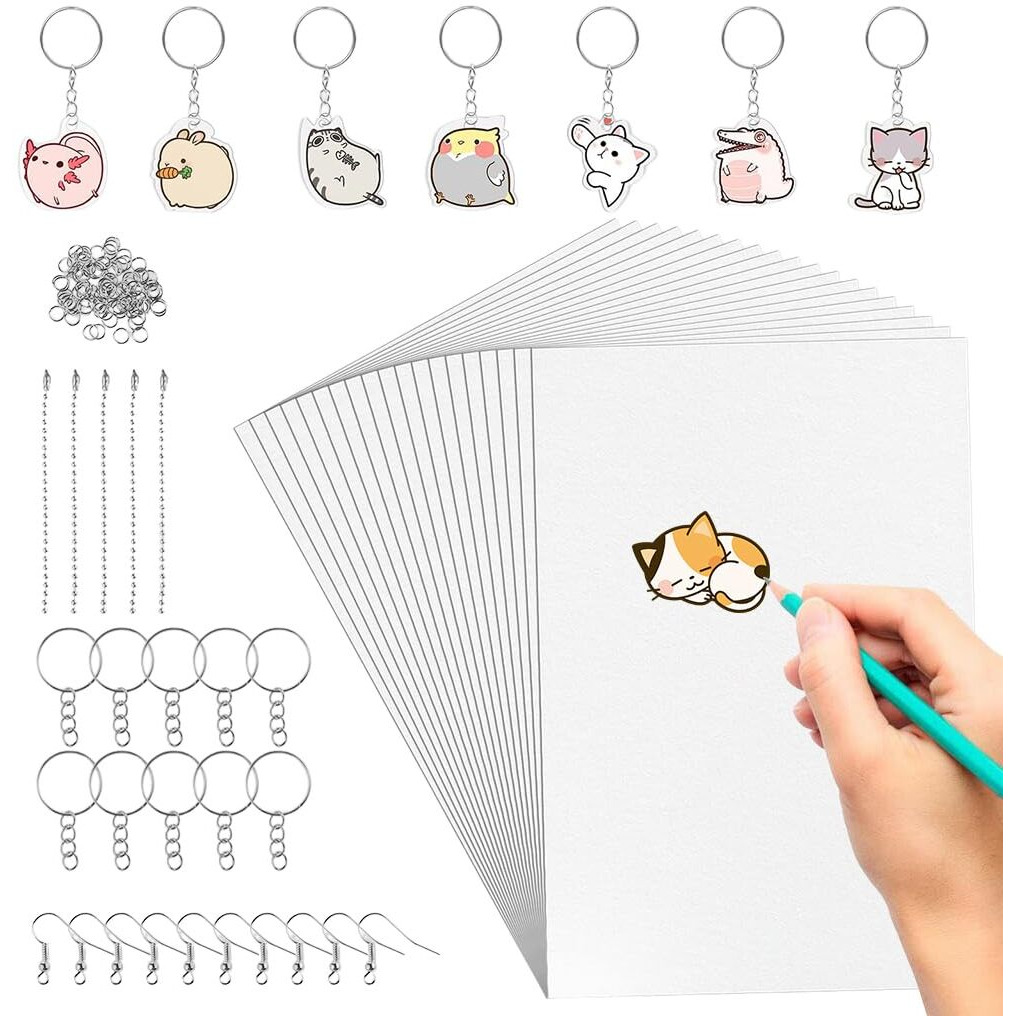 Patpat Shrink Paper Sheet Kit With 20 Pcs Multi Shrinky Art Paper & 100 Pcs Metal Hooks And Keyrings Kit Diy Cartoon Keychain Bag Charms Accessories Diy Heat Shrink Craft Kit For Kids And Adults