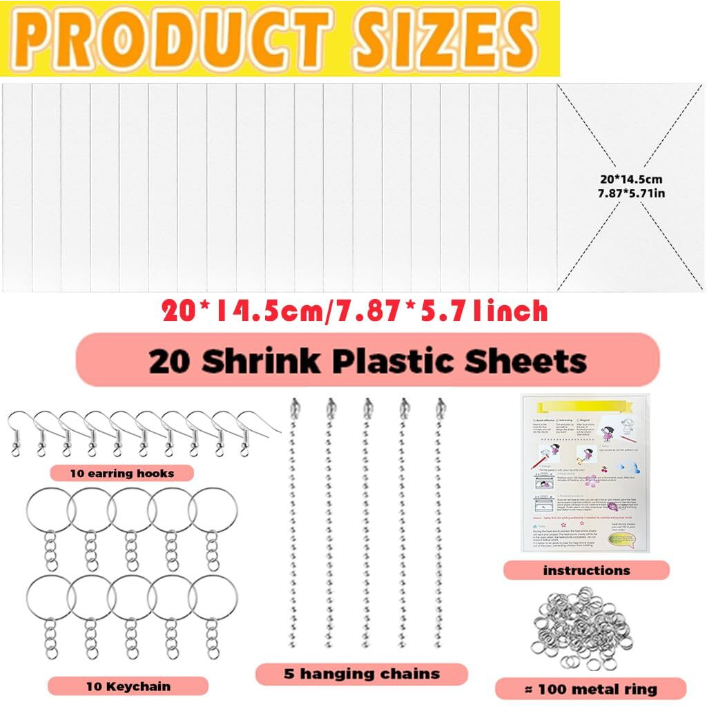 Patpat Shrink Paper Sheet Kit With 20 Pcs Multi Shrinky Art Paper & 100 Pcs Metal Hooks And Keyrings Kit Diy Cartoon Keychain Bag Charms Accessories Diy Heat Shrink Craft Kit For Kids And Adults