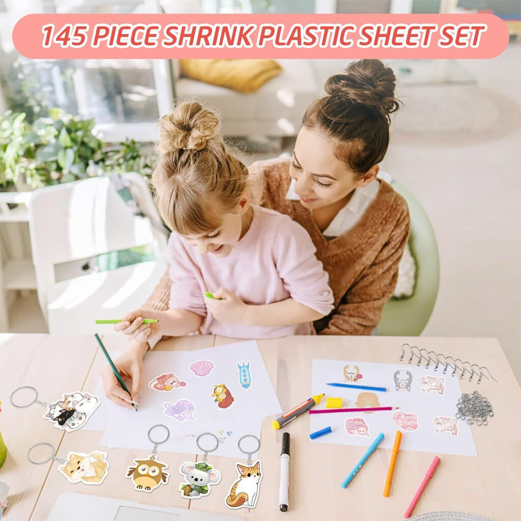 Patpat Shrink Paper Sheet Kit With 20 Pcs Multi Shrinky Art Paper & 100 Pcs Metal Hooks And Keyrings Kit Diy Cartoon Keychain Bag Charms Accessories Diy Heat Shrink Craft Kit For Kids And Adults
