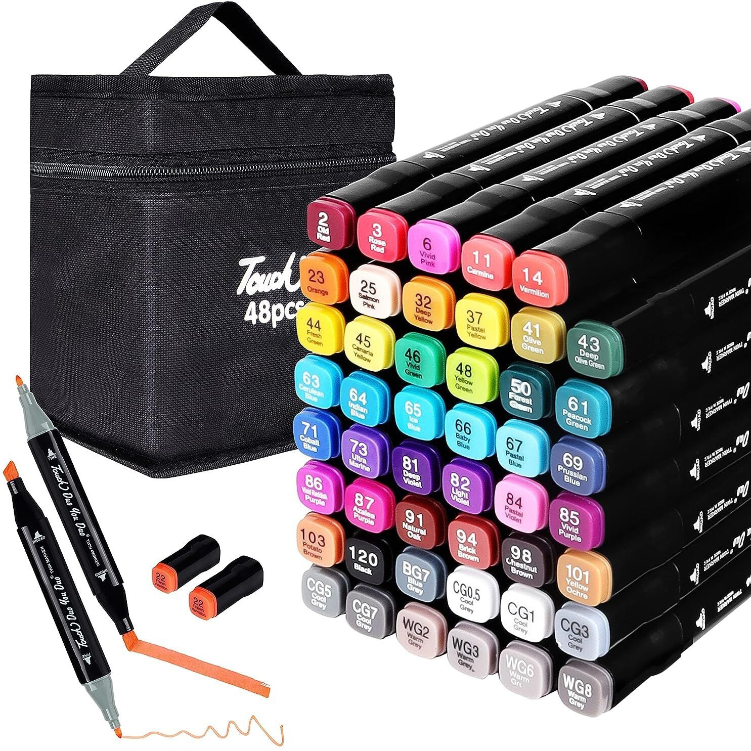 Zevon Dual Tip Art Markers 48 Colours With Carrying Case For Painting Sketching Calligraphy Drawing - Odorless & Non Toxic Twin Head Permanent Colouring Marker Pens For Kids Adult Beginners