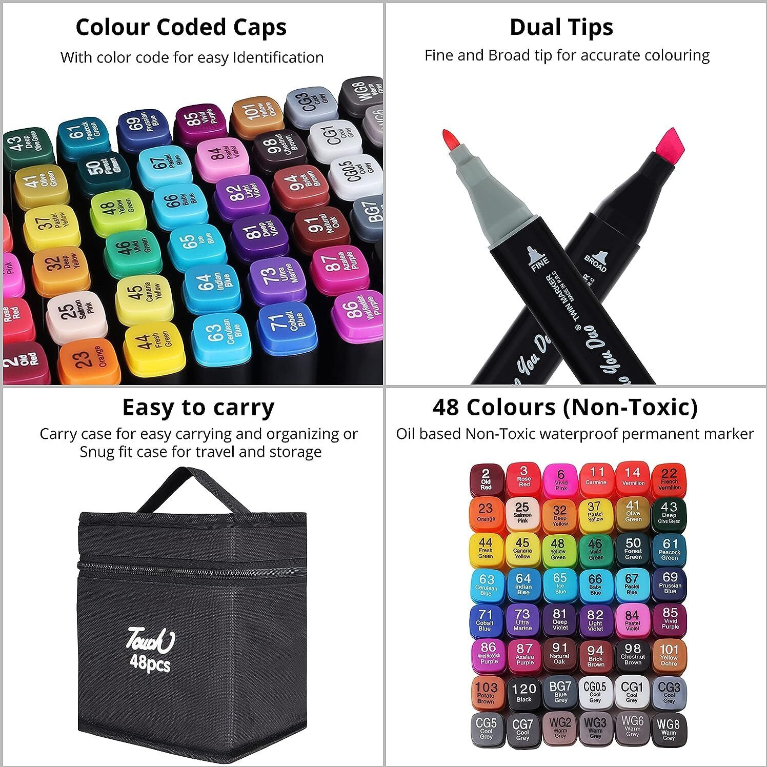 Zevon Dual Tip Art Markers 48 Colours With Carrying Case For Painting Sketching Calligraphy Drawing - Odorless & Non Toxic Twin Head Permanent Colouring Marker Pens For Kids Adult Beginners